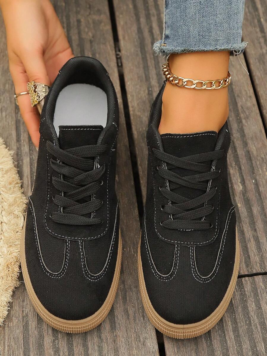 2026新款休闲系带运动鞋，时尚户外休闲街头风运动鞋，学生轻便仿麂皮滑板鞋 - 黑色 - 查看 1