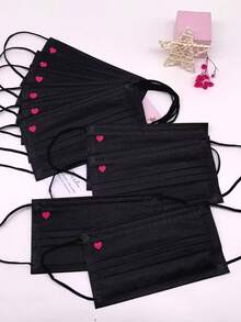Black 3-Layer Non-Woven Face Mask With Heart Print, Fashionable Disposable Protective Mask For Daily Use, 10pcs - Black - View 2