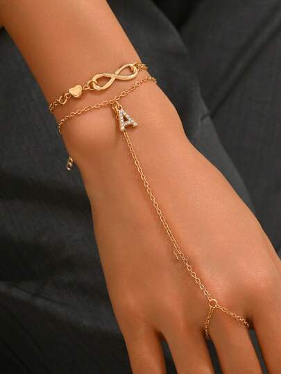 2pcs/Set Classic Gold Heart & Infinity Symbol Decor Bracelet, Fashionable Versatile Letter Pendant Finger Chain, Elegant Women Jewelry Suitable For Daily Wear, Photo Shoot And Dating