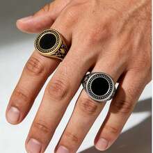 1PC Round Polka Dot Pattern Vintage Casual Minimalist Men's Ring, 316 Stainless Steel Material, 18K Gold Plated Inside And Outside, Durable Waterproof Non-Fading Hypoallergenic, Suitable For Daily Casual, Travel And Vacation Wear Men's Ring - Black Round Stone-set Men's Ring - View 4