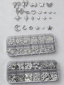 12pcs/Box Metal Butterfly & Heart Shaped Nail Decorations, Y2K Style Hollow Heart, Bow, Moon, Star Shiny Star Nail Rivets, DIY Nail Accessories Nails - Silver - View 8
