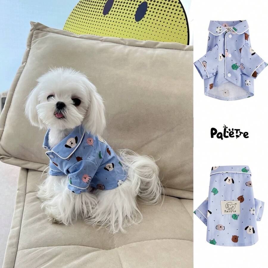 Cartoon Dog Collar Pajamas, Breathable Anti-Shedding, Homewear & Sleepwear Companion For Maltese, Poodle And Other Small Dogs, Skin-Friendly Printed Loungewear - Blue - View 1
