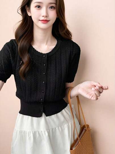 Alicedudu Áo nữ thanh lịch, dáng ôm nhẹ, cổ tròn, viền ren, tay ngắn, màu đen, thích hợp cho mùa hè.