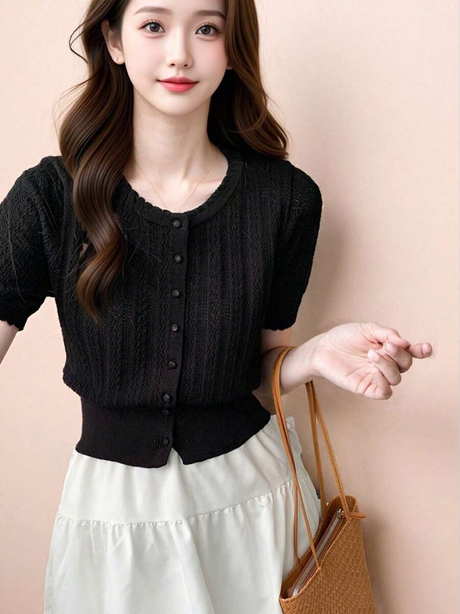 Alicedudu Áo nữ thanh lịch, dáng ôm nhẹ, cổ tròn, viền ren, tay ngắn, màu đen, thích hợp cho mùa hè. - màu đen - Xem 1