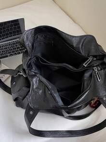 This Is A Fashionable And Versatile Shoulder Bag, A Multi-Functional Commuter Solid Color Large Capacity Vintage PU Material Shoulder Bag/Handbag, With Zipper Opening, Decorated With A Cherry Pendant, Women's Shoulder Bag, With Dual Handles Design, Very Suitable For Shopping, Travel, Going Out And Various Occasions. , Office Bag - 黑色 - 查看 3