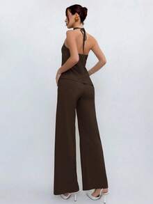 Women's 2-Piece Set Of Halter Neck Top And Pants In Brown, Everyday Style - Brown - View 2