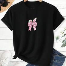Men's T-Shirt, Women's T-Shirt,  Easter T-Shirt,  Pink Bow With Floral Pattern On Black T Shirt Comfortable And Versatile Outdoor Casual Short Sleeve - Negro - Ver 2