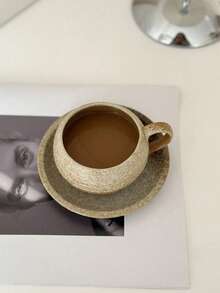 1pc Minimalist Creative Retro Coarse Pottery Small Capacity Coffee Cup & Saucer Set, Japanese Ceramic Cup For Afternoon Tea, Round Mug - Multicolor - View 3