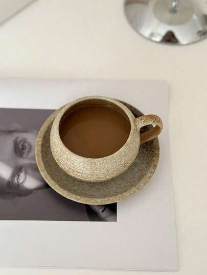 1pc Minimalist Creative Retro Coarse Pottery Small Capacity Coffee Cup & Saucer Set, Japanese Ceramic Cup For Afternoon Tea, Round Mug