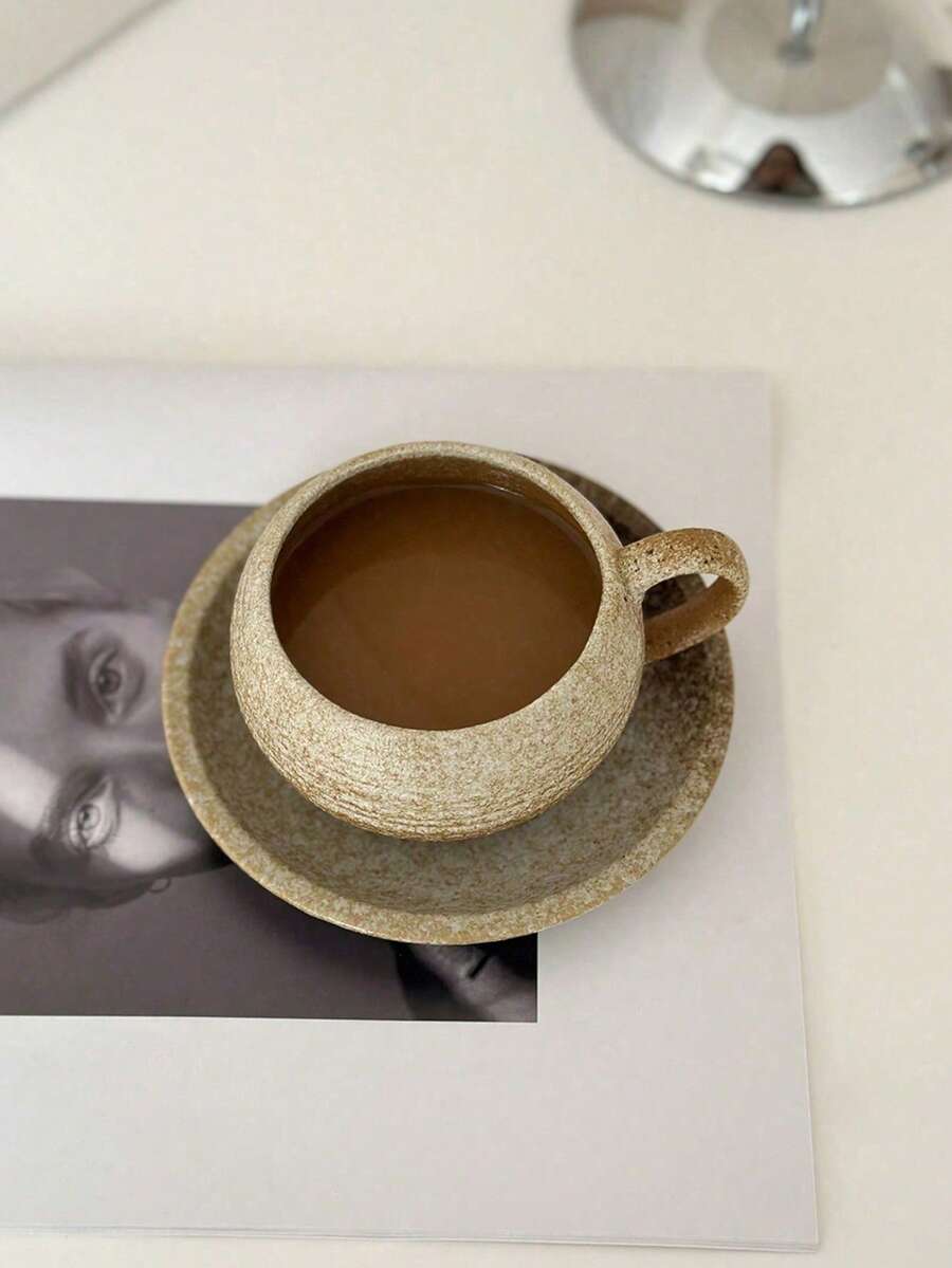 Bộ tách và đĩa cà phê nhỏ gọn, tối giản, phong cách retro, làm bằng gốm thô, kiểu Nhật, dùng cho trà chiều, cốc tròn. - Nhiều màu - Xem 1