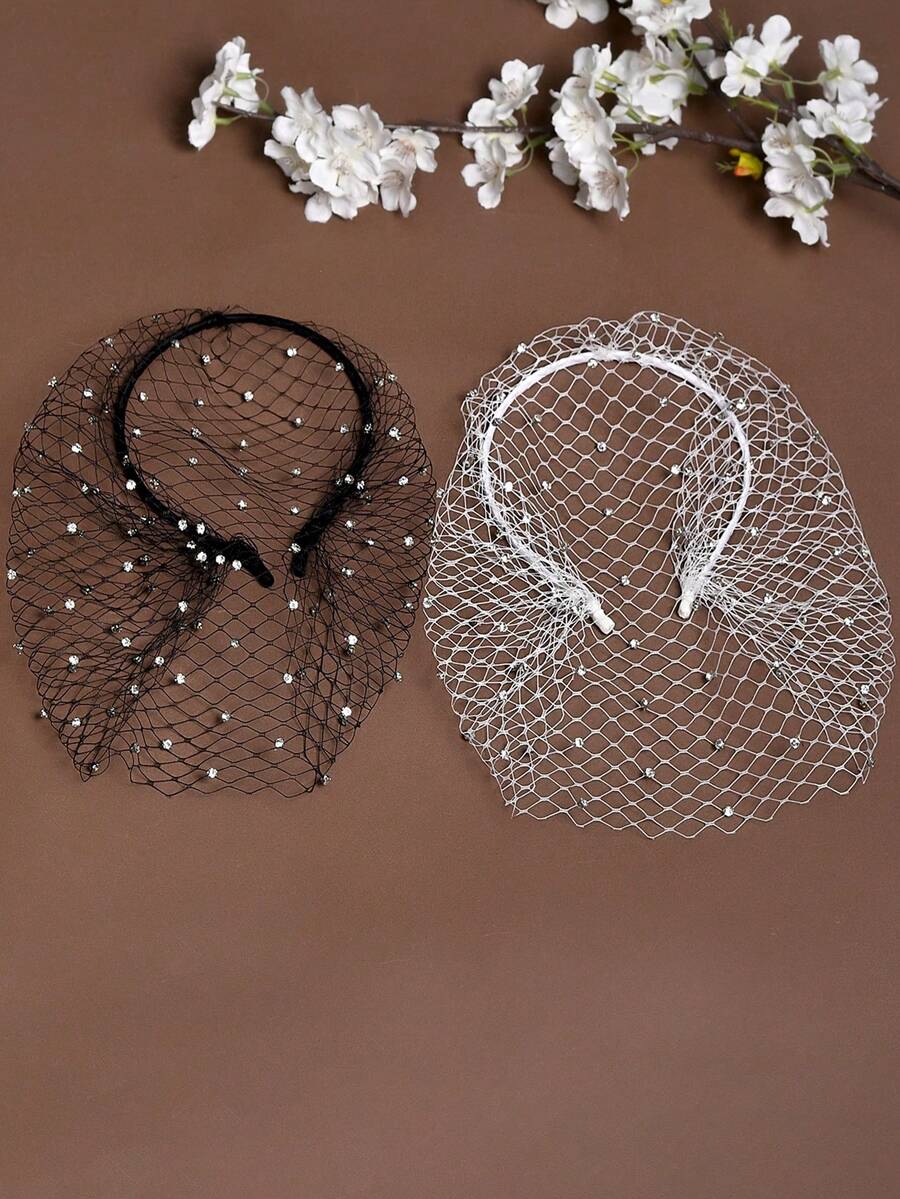 1件黑白水钻鸟笼面纱，高弹力发箍，新娘婚礼派对化妆舞会面具