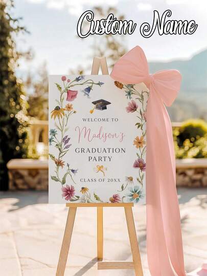 ملصق تخرج مخصص، لافتة ترحيب بالتخرج بزهور البرية، لافتة ترحيب وصورة لحفلة التخرج، ملصق تخرج بزهور، نص اسم مخصص حصري، خلفية حفلة تخرج، قالب ملصق ترحيب بحفلة التخرج، ملصق ترحيب بالتخرج، ملصق قماش بدون إطار باسم مخصص