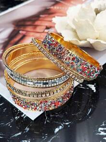 13 pièces Set de bracelets rigides ornés de strass, bijoux à la mode cadeau pour femmes, convient pour les fêtes et le port quotidien - 13 strass colorés - Voir 5
