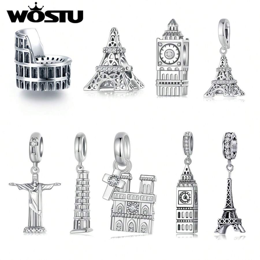 WOSTU 1件925纯银经典建筑城堡，复黎埃菲尔铁塔吊坠珠，适合DIY手链项链首饰，女士礼物
