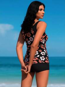 2026  Tankini Bathing Suit For Women, Pink And White Hibiscus Print Top With Black Boyshort Bottoms - Flower color(花色) - 查看 4