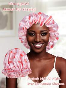 1 chiếc mũ ngủ bằng satin in hình quả anh đào/nơ dễ thương, dùng được cả bốn mùa, phù hợp cho tóc xoăn và tóc thẳng. Mũ ngủ có thể điều chỉnh với dây buộc dài. - Mũ dài - Xem 2