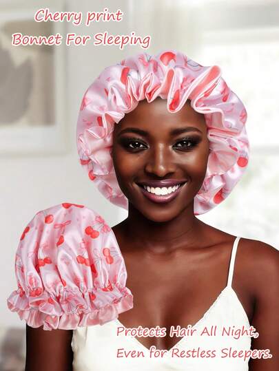 1 chiếc mũ ngủ bằng satin in hình quả anh đào/nơ dễ thương, dùng được cả bốn mùa, phù hợp cho tóc xoăn và tóc thẳng. Mũ ngủ có thể điều chỉnh với dây buộc dài.