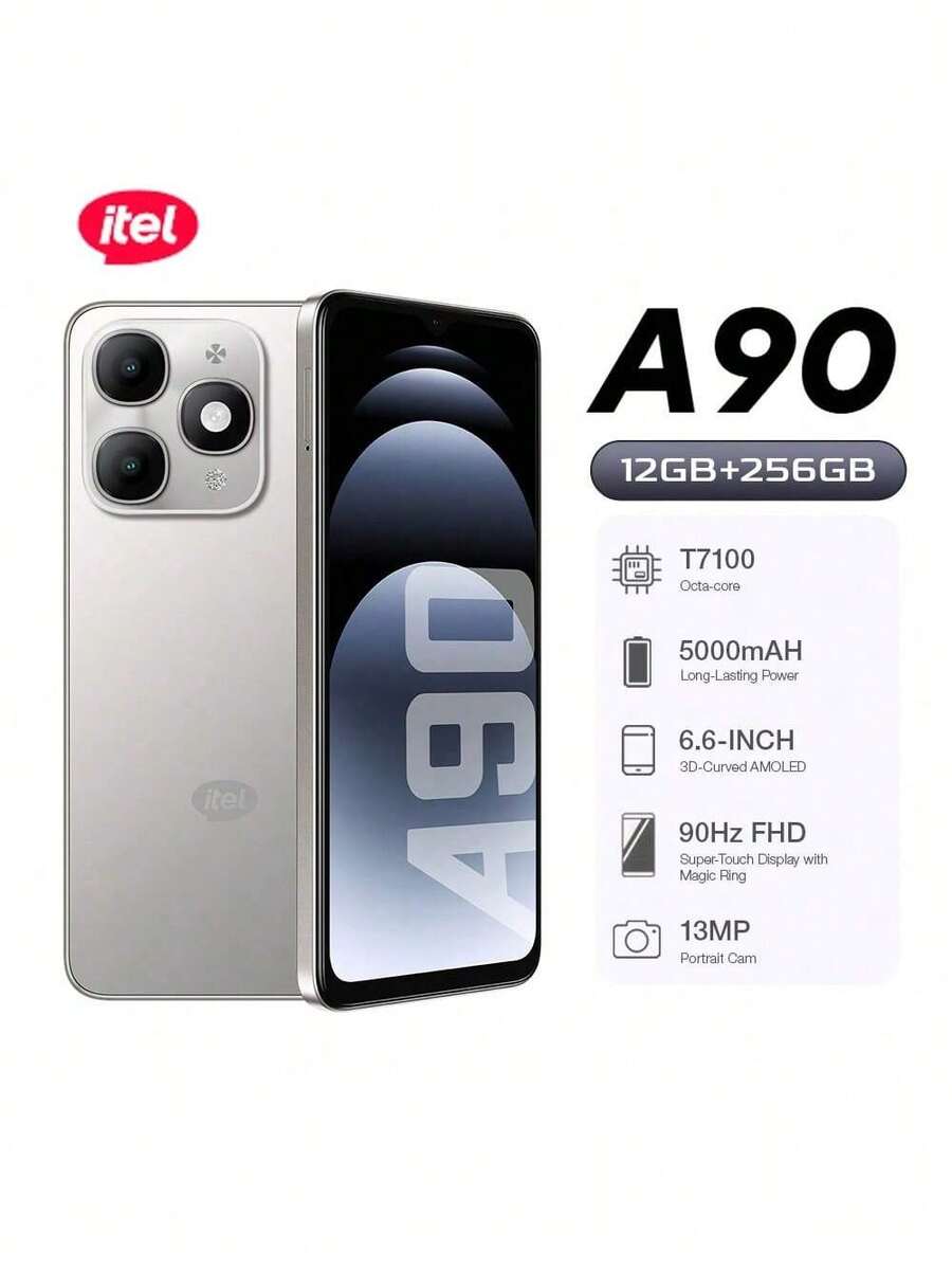 itel A90 双卡双待智能手机，6.6 英寸 90Hz 显示屏，Android 14 操作系统，5000mAh 电池，1300 万像素摄像头，指纹识别，多媒体智能手机 - 时尚智能手机 - 鈦色 - 查看 1