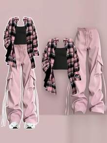 Women Streetwear 3 Pieces Sets Y2k Outfits Loose Casual Vintage Plaid Long Sleeve Sunscreen Shirts+Sling Basic Vest+High Waist Wide Leg Pink Cargo Pants Set Harajuku Fashion Women Clothing - 粉色 - 查看 2