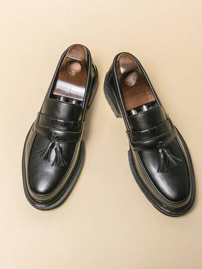 Leather Tassel Breathable Elegant Gentleman Casual Shoes Men's Formal Pointed Toe Slip-On Loafers, Soft & Comfortable Winter Thick Sole Elevator Hairstylist Casual Flat Shoes, Slip-On Moccasins Summer Groom Wedding Dress Shiny Leather Shoes Social Slip-On Portable Men's Shoes, Banquet Club Party Formal Shoes Luxury Youth Casual Oxford Shoes, 2026 New Autumn Spring Holiday Gift, Suitable For Commuting, Social, Stage Performance