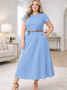 Women's Evangelical Style Dress Women's Plus Size With Invisible Zipper Linen Fabric With Brown Belt G-GG-G1-G2 - 藍色 - 查看 8