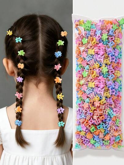 100个/包 可爱小花冠、星星、兔耳朵发夹、刘海夹、女孩发饰，适合日常使用
