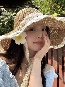 女款蕾絲草帽－海灘度假風，寬帽簷配蕾絲蝴蝶結，透氣鉤針編織海灘帽，適合夏季，百搭顯臉小，適用日常穿著、旅行與戶外活動，時尚達人的配件 - 多色 - 查看 6