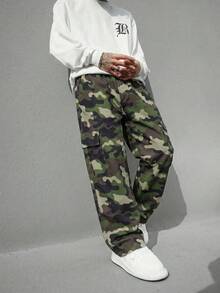 1 pièce Pantalon cargo droit à jambes larges et décontracté avec motif camouflage et plusieurs poches, polyvalent pour les adolescents/garçons, convient pour le printemps/l'été/l'automne/l'hiver - Multicolore - Voir 4