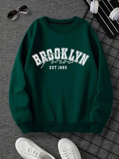 Hombre004 Sudadera de cuello redondo para hombre invierno sudadera de manga larga cómoda suave Camisa con el estampado "BROOKLYN EST.1889" en verde, un elemento de estilo casual imperdible para cualquier ocasión