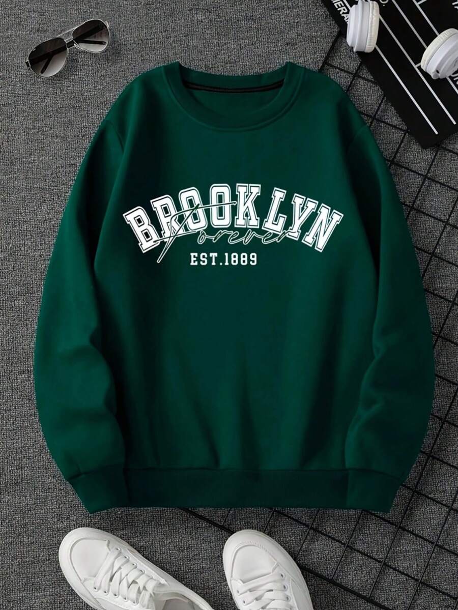 Men004 Men's Crew Neck Sweatshirt Winter Comfortable Soft Long Sleeve Sweatshirt Shirt With "BROOKLYN EST.1889" Print In Green, A Must-Have Casual Style Item For Any Occasion - 綠色 - 查看 1