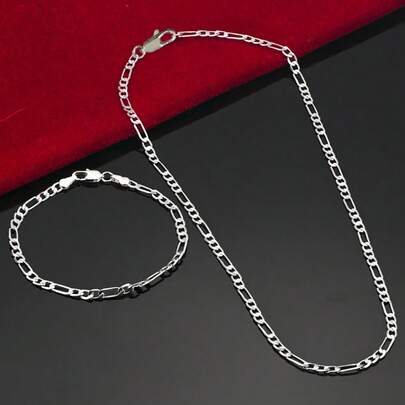 Juego de pulsera y collar de cadena plana de estilo cubano plateado en plata de ley 925, 4 mm, unisex, regalo perfecto para mujeres