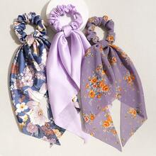 3pcs Floral & Solid Color Lightweight Triangular Scarf Hair Accessories, Casual Bohemian Vintage Palace Style Party Cute Street Fashion, Made Of Polyester, Suitable For All Seasons Beauty Home Bedroom Decor Hair Ties Scrunchy Hair Ties Ponytail Holders Holiday Accessories,Travel,Birthday - Lilac Purple - View 5