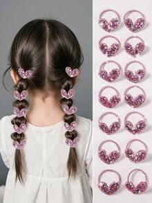 10pcs/Pack Girls' Shiny Sequin Heart Shaped Pink Ribbon Elastic Hair Ties, Cute & Versatile, Suitable For Daily Use - Pink - View 1