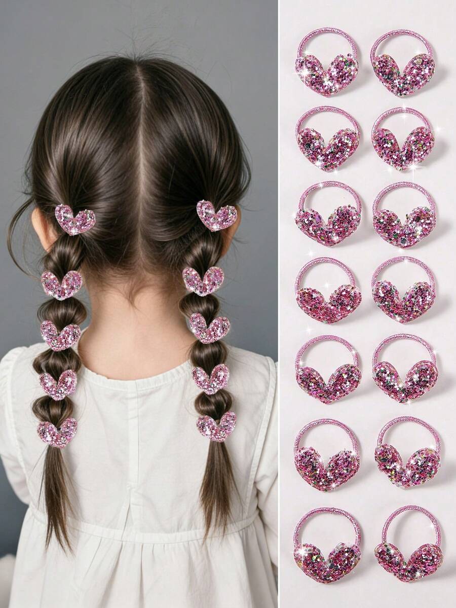 10pcs/Pack Girls' Shiny Sequin Heart Shaped Pink Ribbon Elastic Hair Ties, Cute & Versatile, Suitable For Daily Use - Pink - View 1
