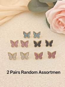 asmodee 2 Pairs Random Assortment Women's Earrings Set, Butterfly Earrings For Women, Colorful Gold Earrings, High-End Versatile New Oil Drop Stud Earrings, Women's Stainless Steel Jewelry, Elegant Women's Gift, Holiday Accessories, Vacation Accessories, Red/Black/Pink Earrings, Mother's Day/Easter Gift, Daily/Wedding Party Chunky Women's Jewelry - Multicolor - View 8