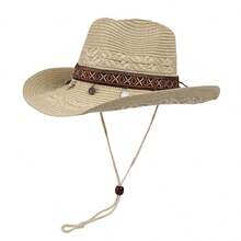 Women Men Straw Cowgirl Hat Western Embroidery Belted Sun Holiday Beach Hiking Cap - 2 - View 6