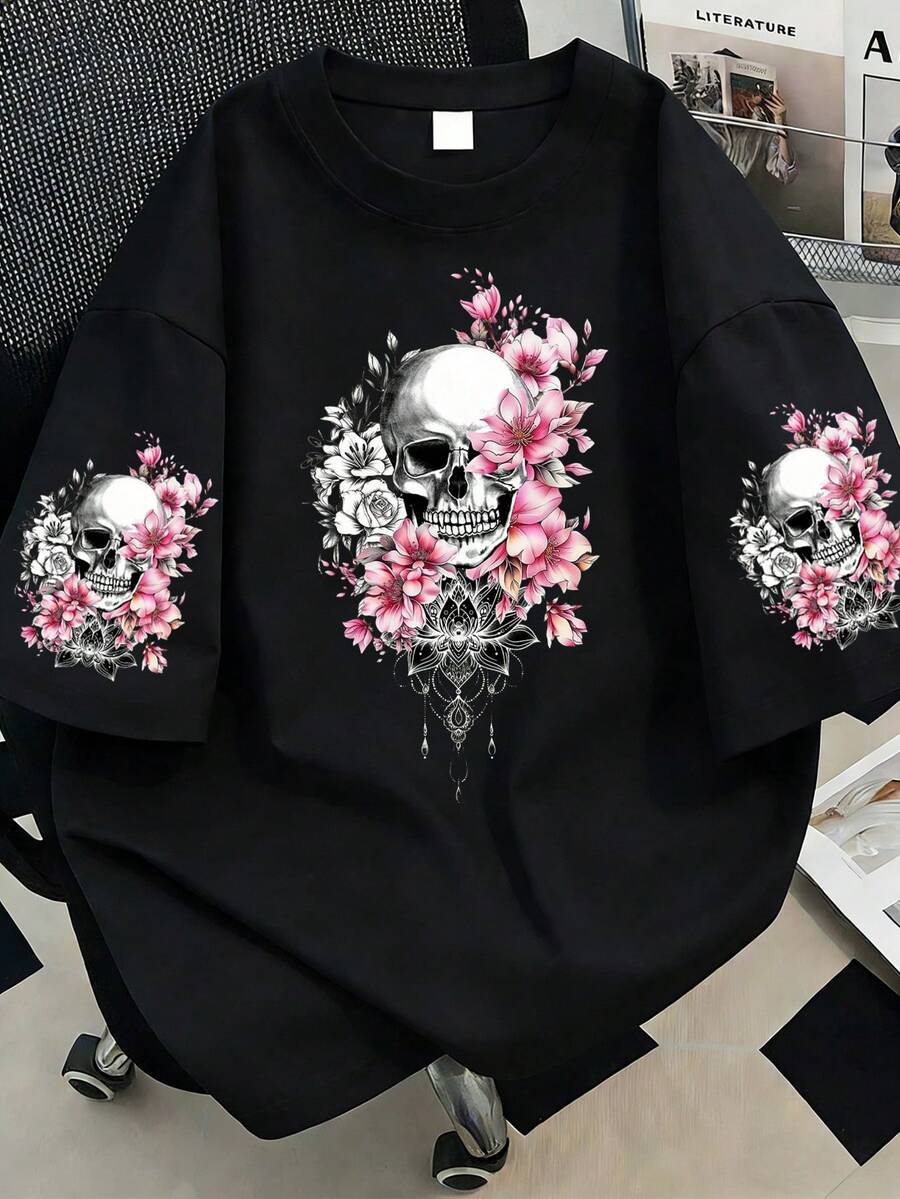 骷髅印花圆领休闲T恤，女士加大码夏季时尚短袖，适合夏季度假、节日、春季、情人节、狂欢节、母亲节等各种场合，也适合日常穿着、外出、节日、海滩、派对、生日、聚会、舞会、学校、音乐节、假期、通勤、健身、婚礼、新年等场合，是春季上衣、女士夏季服装、女士节日服装的理想之选。黑色 - 黑色 - 查看 1