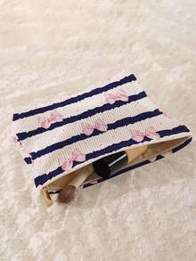 1个便携式化妆包，带蝴蝶结和条纹图案，双面印花拉链化妆袋，多功能旅行洗漱用品收纳包 - 彩色 - 查看 4