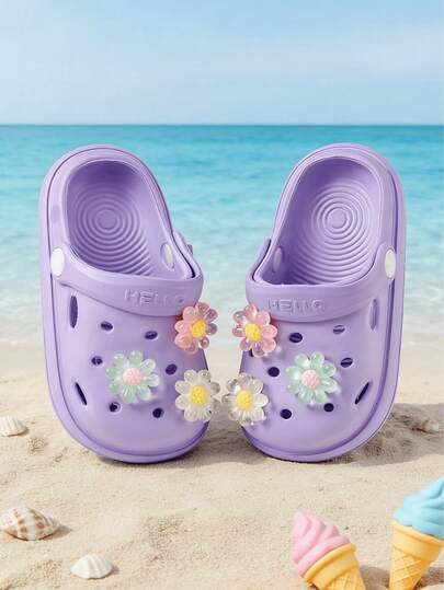 Sandalias de playa moradas, elegantes y con estampado floral para niñas, para vacaciones al aire libre. Zapatos de agua de unicolor y minimalistas, de moda versátil, adecuados también como pantuflas de interior. Regalo ideal para niñas en días festivos.