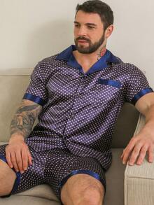 2pcs Men's Polka Dot Print Short Sleeve Shorts Pajama Set, Spring/Summer Home Wear - Blue - View 1