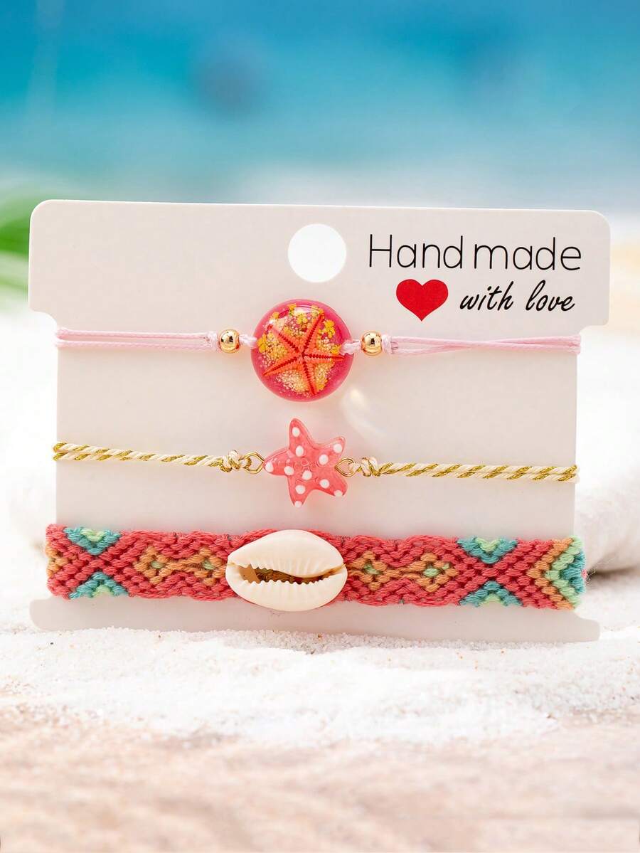 3pcs/Set Summer Beach Style Handmade Woven Rope Bracelet Set, Ocean Theme Shell & Star Bracelet, Bohemian Style Holiday Gift For Women - Multicolor - View 1