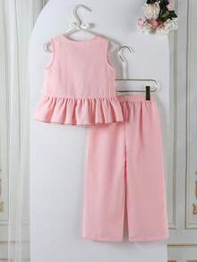Conjunto de top sin mangas y pantalones rectos holgados para niñas, verano - Rosa - Ver 2