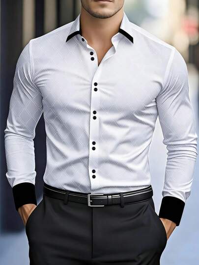 Camisa de manga larga con diseño de botones multicolor, patrón de diamantes en relieve y bloques de color para hombre