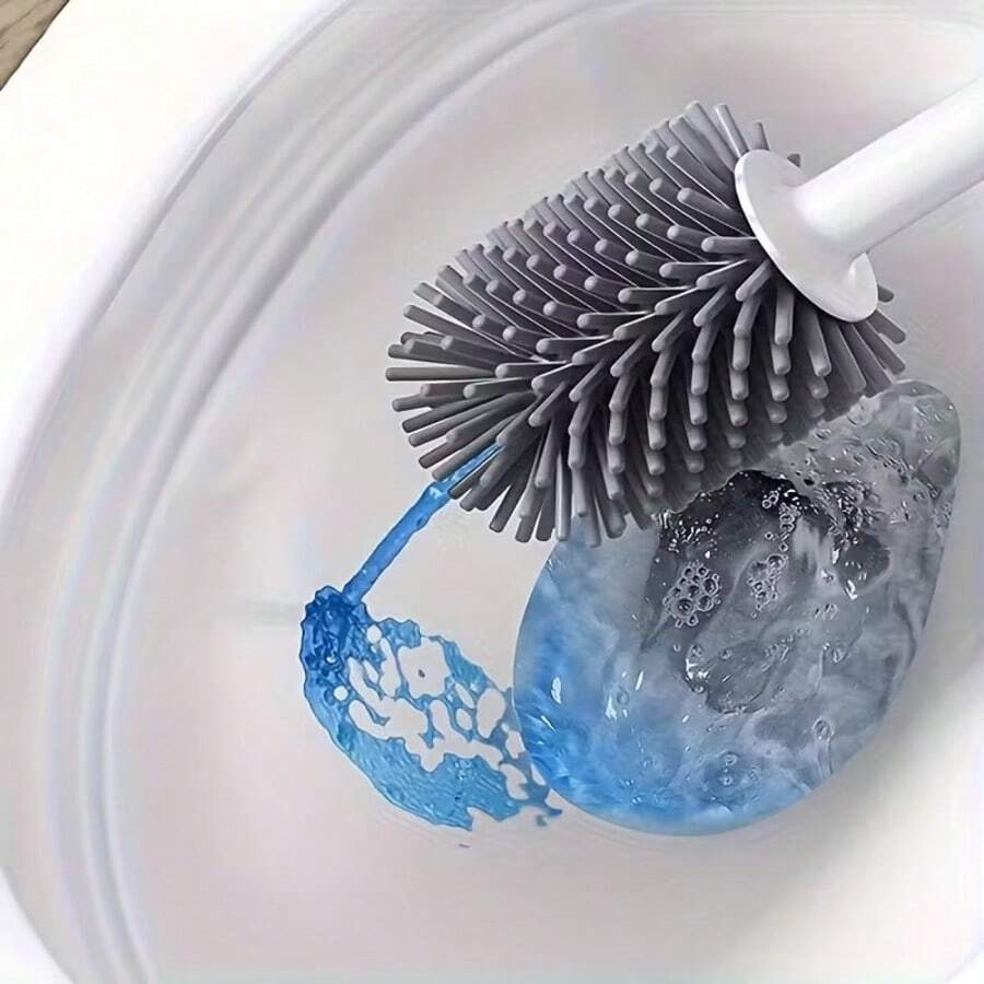一套液体分配器马桶刷，马桶刷和支架套装，硅胶马桶刷/清洁剂刷，可重复使用的浴室清洁用品，带清洁剂分配器，防漏，适合公寓/房车使用，灰色