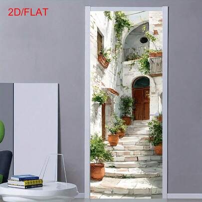 1/2pcs 2D Flat Door Sticker, Self-Adhesive And Removable Wall Art, Rustic Style Doorway, Medieval Mediterranean Style Stone Steps, Green Plants, Balcony Home Decoration, Living Room, Bedroom, Kitchen, Bathroom, Easy To Peel And Stick.