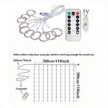 3m X 3m 300 LED Fairy Lights, 8 Lighting Modes Remote Control, Suitable For Bedroom, Garden, Party, Wedding, Christmas (Warm White) - USB Curtain Light - View 7