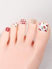22片春夏红白撞色美甲贴，闪亮白心樱桃清新甜美风格美甲贴纸，易于粘贴，适合女士居家DIY美甲 - 紅色 - 查看 2