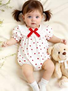 Bộ áo liền quần cho bé gái dễ thương, tay bồng, cổ áo có nơ và họa tiết trái tim, cài khuy ở đáy quần, trang phục thường ngày thời trang và đa năng, phù hợp cho các hoạt động hàng ngày, dự tiệc, đi chơi, mùa xuân/hè. - trắng - Xem 3