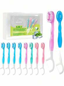 20/10pcs Mini Travel Toothbrush, 5-In-1 Pre-Attached Mini Brush + Floss + Pickaxe + Tongue Scraper, Portable Toothbrush With Fresh Beads - Multicolor - View 2
