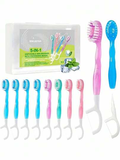 1 Stück/20 Stück/10 Stück/50 Stück/440 Stück/30 Stück Frische Perlen 5-in-1 Mini Reise Zahnbürstenset, vorinstallierte Mini-Bürste, Zahnseide, Zahnpicker, Zungenreiniger, tragbare Zahnbürste